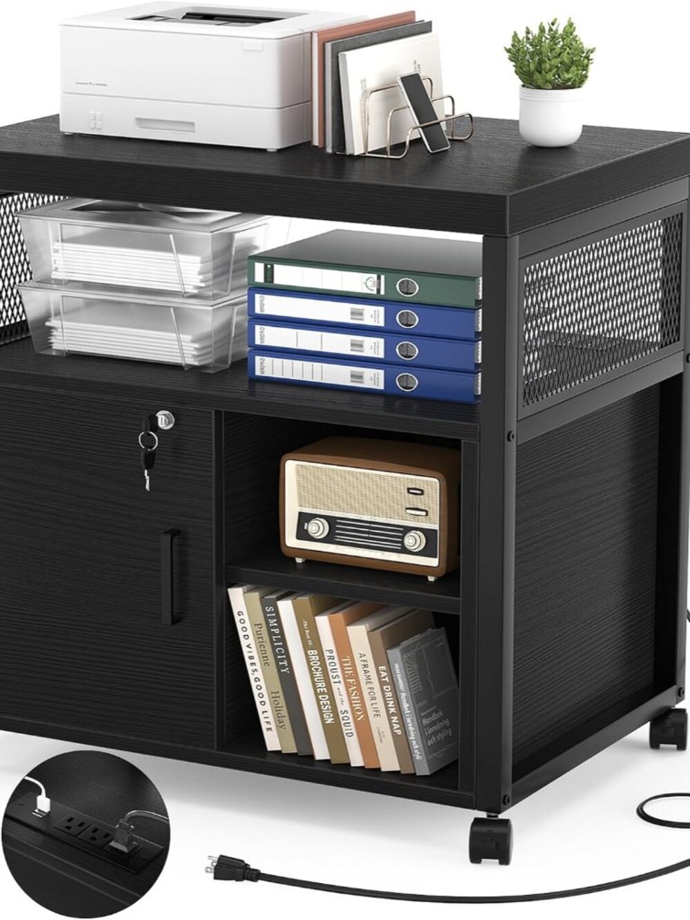 Lateral File Cabinet, Locking Office Printer Stand with Sockets and USB Charging